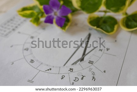 Printed astrology chart with planets in fifth house, spring flowers in the background