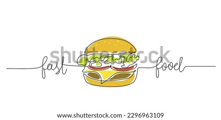 Continuous one line drawing of burger. Single line color drawing of cheeseburger . Silhouette of fast food restaurant burger with cheese, cutlet and salad. Modern design street food logo, banner Royalty-Free Stock Photo #2296963109