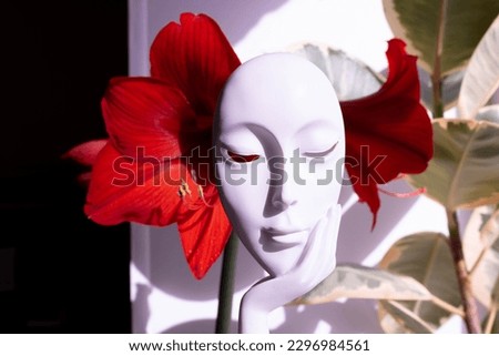 A statuette with the face of a young girl on her arm stands against the background of the red flowers of Amaryllis