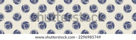 Masculine block print floral botanical vector ribbon. Seamless sketchy flower organic style for rustic washi tape.