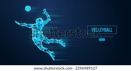 Abstract wireframe silhouette of a volleyball player from triangles and particles on blue background. Volleyball player man hits the ball. Vector illustration