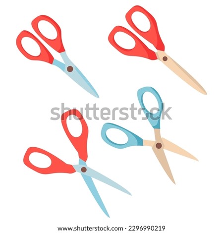 Open and closed scissor.Scissors with red plastic handles. Professional pair of scissors cutting hair or needlework.School supply icon.Office supplies. 