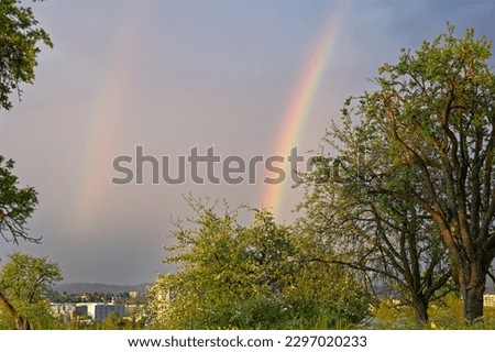 Beautiful double rainbow with trees and meadow in the foreground and skyline in the background at City of Zürich on a cloudy and rainy spring evening. Photo taken May 2nd, 2023, Zurich, Switzerland.