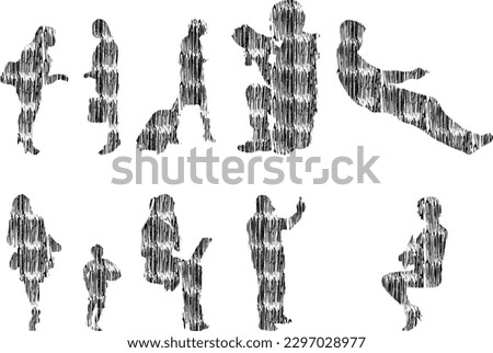 Vector illustration, Outline silhouettes of people, Contour drawing, people silhouette, Icon Set Isolated , Silhouette of sitting people, Architectural set	
