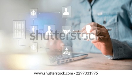 Business hierarchy structure. Relations of order or subordination between members. Business process and workflow automation with flowchart. Virtual screen Mindmap or Organigram. Royalty-Free Stock Photo #2297031975