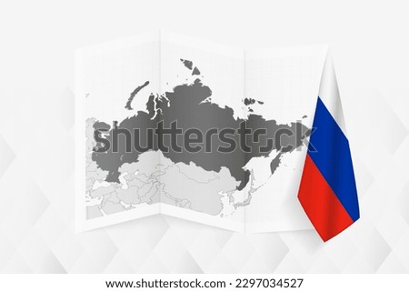 A grayscale map of Russia with a hanging Russian flag on one side. Vector map for many types of news. Vector illustration. Royalty-Free Stock Photo #2297034527