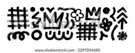 Collection various geometric brush drawn shapes. Crown, arrow, lightning, lattice and squiggles. Bold dry brush strokes. Vector geometric figures and objects. Abstract contemporary trendy banner.