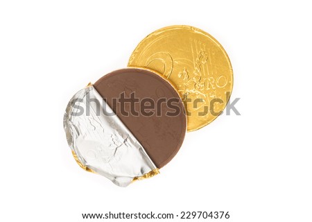 Fake two euro coin of chocolate for Sinterklaas. Event in Holland, Netherlands and Belgium on 5 december. Royalty-Free Stock Photo #229704376