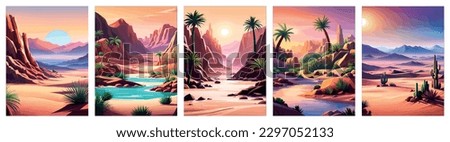 Desert background Summer with sun, sand, clouds, palms Trees Vector design style Nature Landscape. Digital illustration desert oasis with cacti. Cacti flowers coming out of the ground with sand hills  Royalty-Free Stock Photo #2297052133
