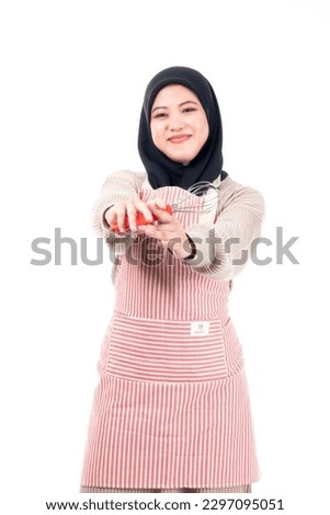 Housewife wear an apron with different posing show good sign symbolise good cook for family isolated on white background - kitchen, family, food and lifestyle concept
