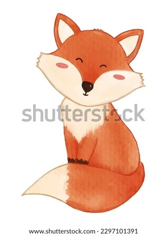 Fox is sitting . Watercolor paint design . Cute animal cartoon character . Vector .