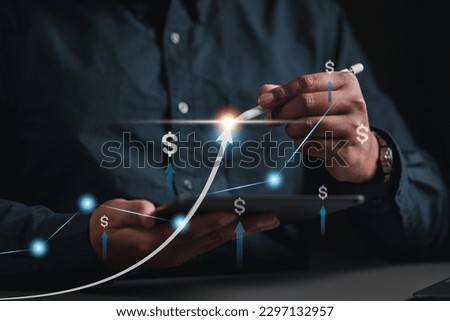 finance, financial, investment, stock, growth, wealth, invest, investor, trade, increase. pen drawing line to growth and finance investment. a stock wealth increase at over point is take benefit. Royalty-Free Stock Photo #2297132957