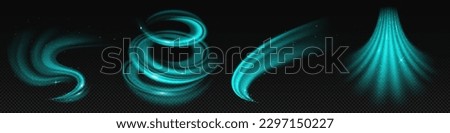 Turquoise air wind flow vector effect set. Magic 3d fresh swirl with cold and frosty breath stream. Fantasy mint vortex tornado with dust and sparkle. Peppermint twist on transparent background
