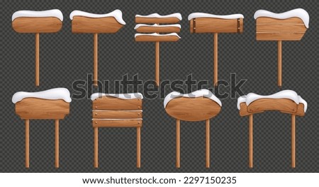 Realistic set of wooden signboards covered with snow. Vector illustration of arrow sign posts, rectangular and oval direction indicators isolated on transparent background. Rustic vintage pointers