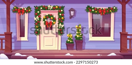 Cartoon house porch with Christmas decoration. Vector illustration of cozy home facade with fir wreath on door and festive garland on window, snow on stairs. Traditional winter holiday decoration