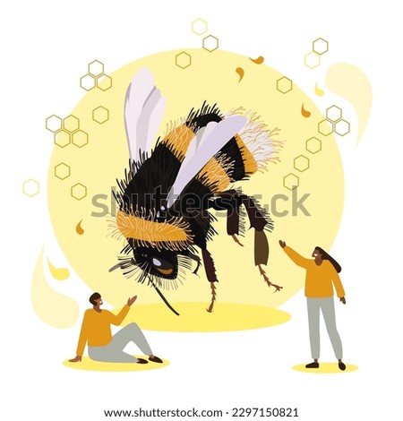 Illustration of a realistically rendered bee on an isolated background with a human flat style with honeycombs and drops of honey