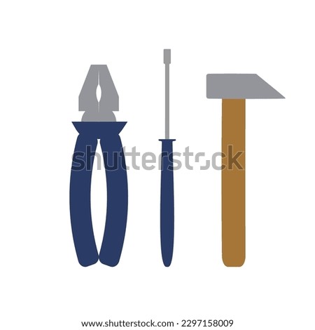 Building tools. Hammer, screwdriver, pliers. Collection of flat clip arts. Cartoon bundle of construction tools. Vector illustration