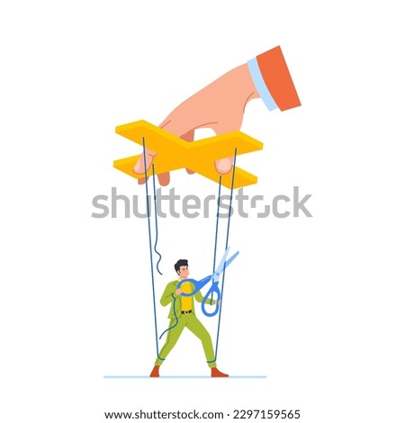 Marionette Employee Male Character Deftly Cuts Ropes, Freeing From Strings, Symbolizing Independence And Freedom