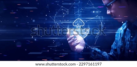 Cloud and edge computing technology concept. Person who is looking at the rapidly changing growth of the digital world with artificial intelligence. Interlocking polygons on a dark blue background.