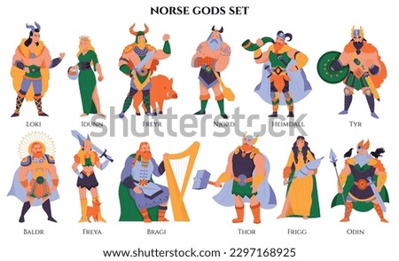 Norse gods set with isolated cartoon style characters of mythical gods with text on blank background vector illustration Royalty-Free Stock Photo #2297168925