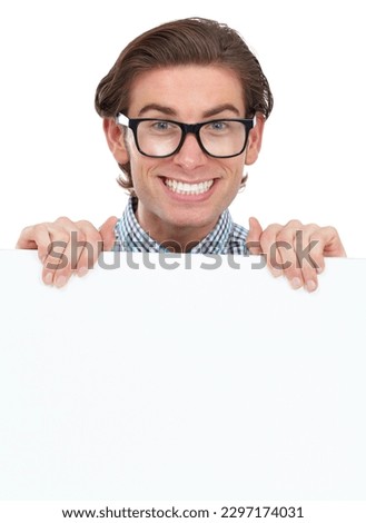Portrait, happy and man with poster for mockup in studio isolated on a white background. Board, glasses and funny male person, geek or nerd with copy space for advertising, marketing or promotion.