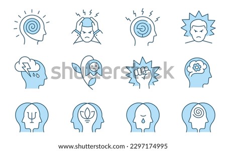 Mental health icons, such as stress, anxiety, therapy, panic attack and more. Vector illustration isolated on white. Editable stroke. Royalty-Free Stock Photo #2297174995