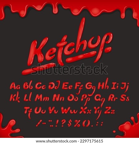 Ketchup font type or typeface cooking alphabet of tomato sauce letters, vector typography. Ketchup font or tomato sauce liquid type, food text script of red paint splash with ABC alphabet letters Royalty-Free Stock Photo #2297175615