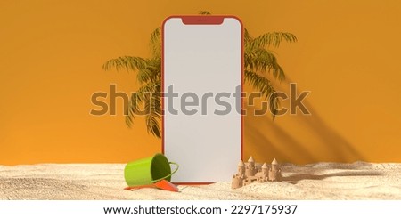 Blank online Smartphone mockup application screen on beach sand and cute objects design, summer booking app. Yellow background, copy space, clipping path. 3d render shopping, vacation, sale template