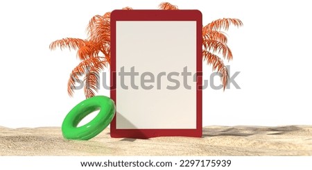 Blank online tablet PC mockup application screen on beach sand and cute objects design, summer booking app. White background, copy space, clipping path. 3d render shopping, vacation, sale template