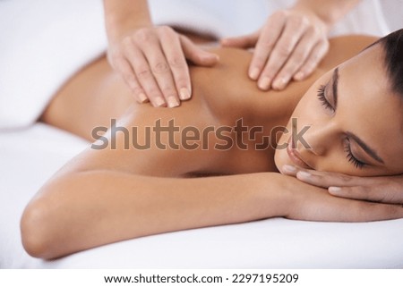 Relax, spa and woman with wellness, massage and luxury treatment with stress relief, smile and joy. Client, female person and lady with hands, employee and skincare with grooming, zen and self care Royalty-Free Stock Photo #2297195209