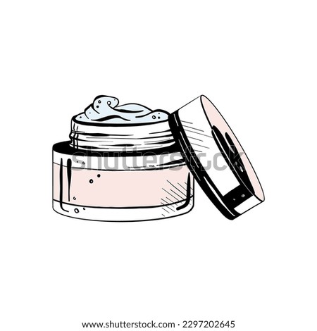 Vector illustration of jar of face cream on white background. Black outline of open container with lid, graphic drawing. For postcard, composition decoration, prints, posters, sticker, souvenir, stamp