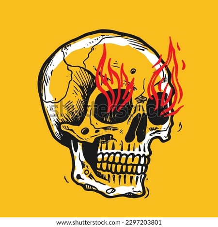 vintage sketchy skull with flames coming out of the eyes