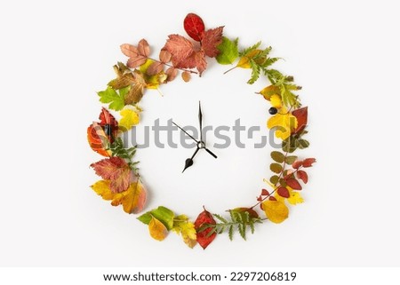round dial made of autumn yellow, green, red leaves, on a white background, isolate