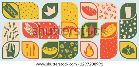 Cool colorful vector-illustrated hot dogs banner design for social media marketing. With a creative menu concept ideal for restaurants or street food festivals, great for print, cover, layout, poster. Royalty-Free Stock Photo #2297208991
