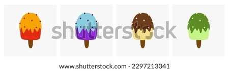 set of popsicle with various flavors. summer food and beverage design theme. tropical fruit, bubble gum, chocolate, and green tea flavor ice cream clip arts.