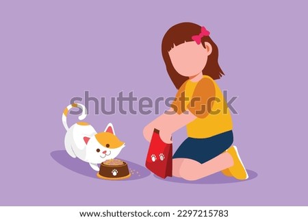 Graphic flat design drawing cute smiling little girl kneeling and feeding her kitten with cat food. Pretty kid caring for animal. Kids doing housework chores at home. Cartoon style vector illustration