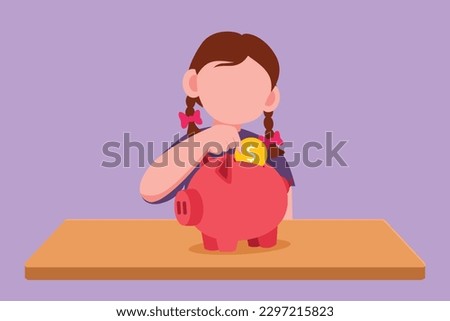 Graphic flat design drawing pretty little girl sitting near desk puts coins in a piggy bank and dreams of buy something in the future. Children learning saving money. Cartoon style vector illustration
