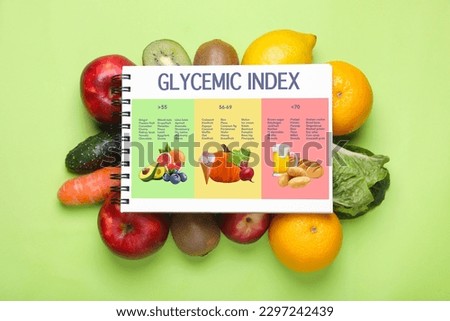 Glycemic index. Information about grouping of products under their GI in notebook, fruits and vegetables on light green background, flat lay Royalty-Free Stock Photo #2297242439