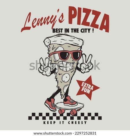 Vector illustration of cartoon pizza skateboard and typography elements. For Boys t-shirt.