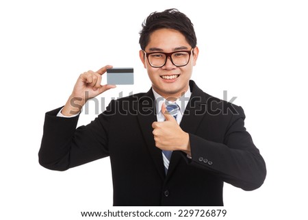 Asian businessman thumbs up with a card  isolated on white background