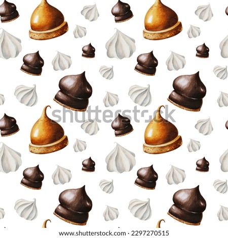 Watercolor seamless pattern with meringue, chocolate marshmallows, orange souffle. Hand painting sweet on a white isolated background. For designers, menu, shop, bar, bistro, restaurant, for postcards