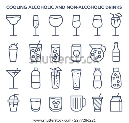 Drinks icons set. Juice packets, soda bottle or can, cocktails glass. Simple black and white linear alcoholic and non-alcoholic beverages. Flat vector Royalty-Free Stock Photo #2297286221