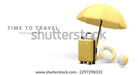 Marketing banner for online travel purchase in 3d realistic style with umbrella, suitcase, life buoy,camera and  bitch ball. Vector illustration Royalty-Free Stock Photo #2297298333