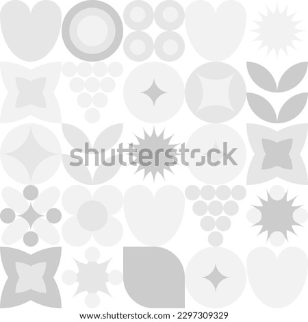 Geometric shapes in the form of circles, squares and hearts, trendy background of gray and white patterns for design. Trendy mosaic cover template, seamless stencil for fabric, textile and wallpaper. Royalty-Free Stock Photo #2297309329