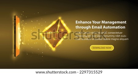 A flying letter alongside an abstract golden mobile phone. Email automation with a golden neon flair. Futuristic sending or receiving email concept with glowing smartphone and envelope. Vector.
