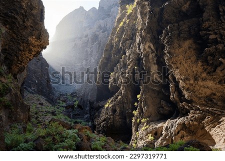 An aerial view of the Masca Gorge Trail, Tenerife, Canary islands Royalty-Free Stock Photo #2297319771