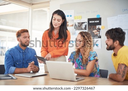 Digital tablet, meeting and business people with laptop in office for creative, thinking or brainstorming. Team, collaboration and online planning, search and discussion for email marketing idea