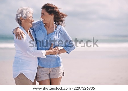 Beach, embrace and senior woman with young woman on the or at the beach together and outdoors. Mockup, happy and hugging elderly woman with adult daughter or at sea for leisure and travel