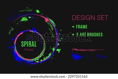 Set of design elements, circular spiral frame, grunge art brushes Dark circle on background with paint brush strokes, dynamic glowing lines, spattered paint of neon bright colors Abstract clip art