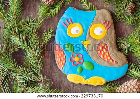 Christmas homemade gingerbread cookie in the form of an owl on a wooden background, selective focus, space for text